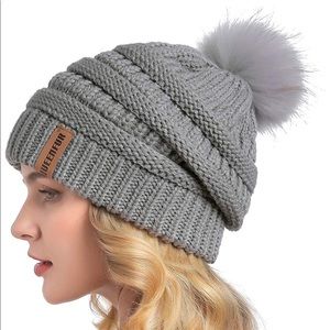 Real Fur Pom Pom Cable Knit Beanie Grey